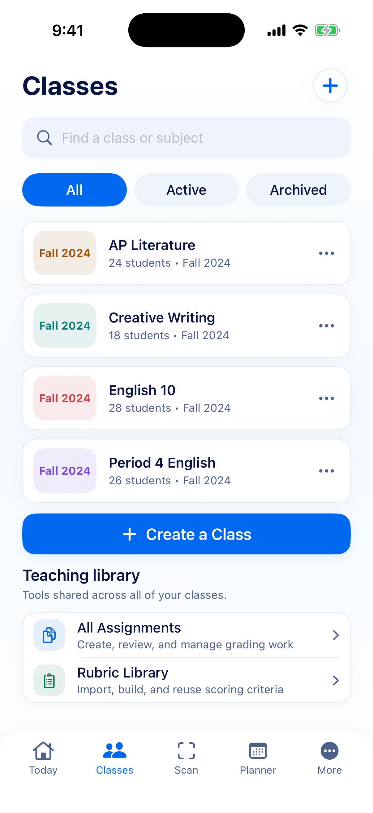 Kelra's Classes screen, showing sample classes, class search, and the teaching library.